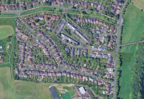 4. Dawna posiadłość Sigismunda Wittinga w Brighton – dziś zabudowana typowymi brytyjskimi domami; pierwotny kształt działki jest nadal widoczny.