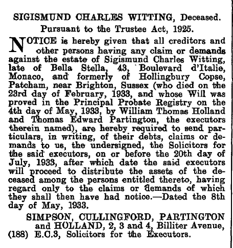 Dokument urzędowy z ogłoszeniem spadkowym (nekrolog) opublikowany w Londynie 8 maja 1933 roku. Zawiadamia o śmierci Sigismunda Charlesa Wittinga, który zmarł 23 lutego 1933 roku i był ostatnio rezydentem Monako (Bella Stella), a wcześniej mieszkał w Hollingbury Copse, Patcham, w pobliżu Brighton, Sussex.
